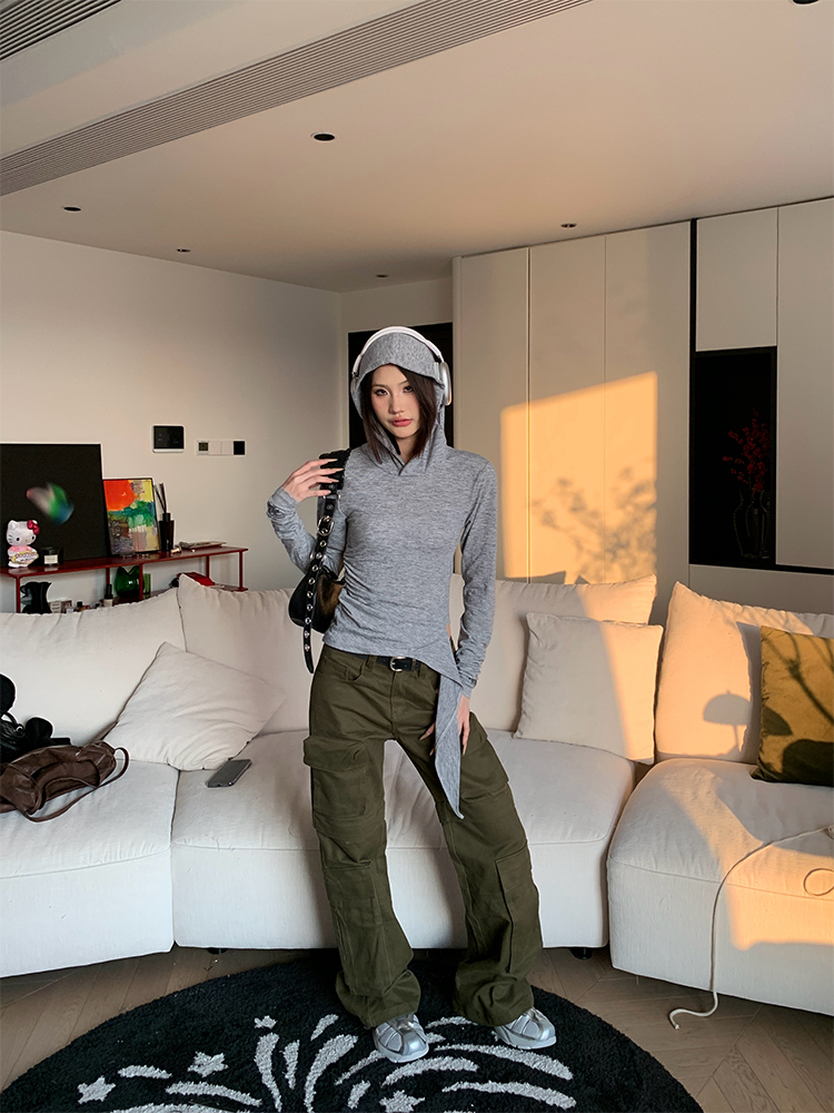 Hooded Long Sleeve T-Shirt for Women - Spring American Vintage Style, Slim Fit, Waist-Defining, Casual Fashion Top