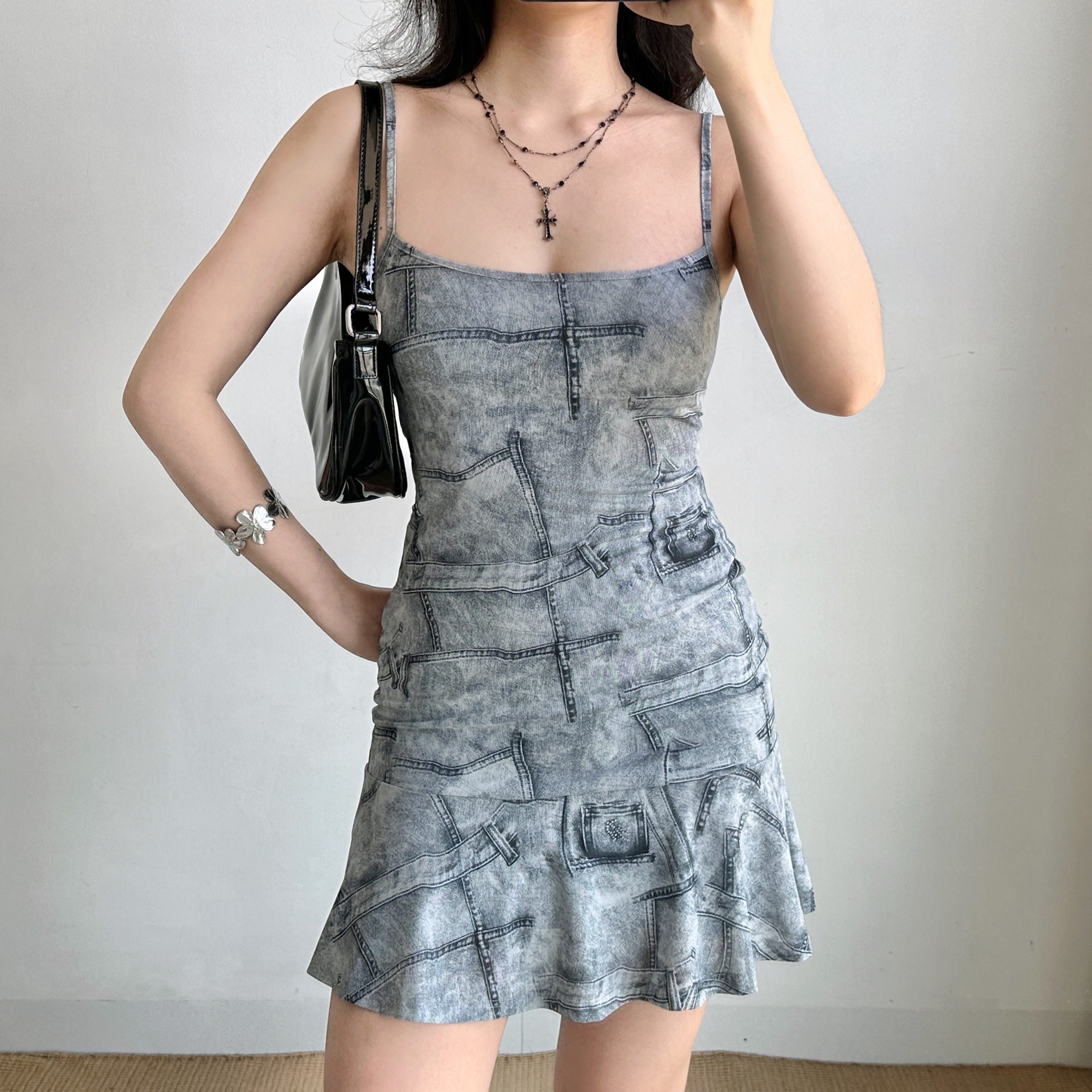 Imitation Denim Printed Dress with Straps, Ruffled Short Skirt, European American Style, Trendy Casual Fashion