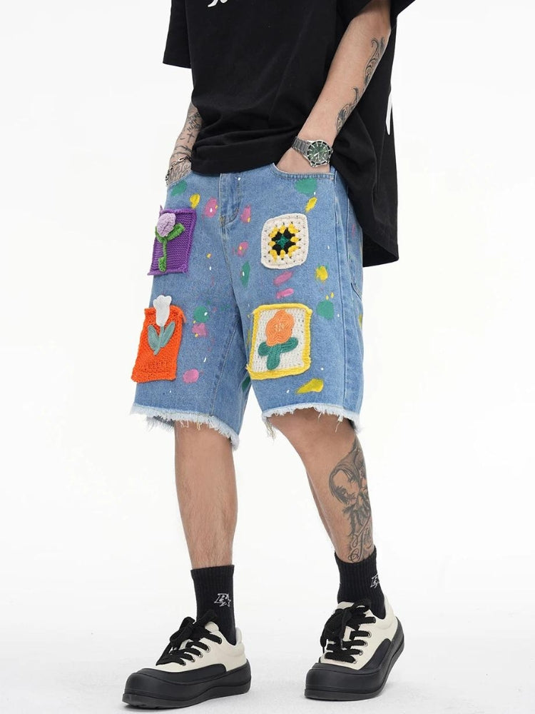 Knitted Flower Patch Denim Shorts Knitted Flower Patch Denim Shorts