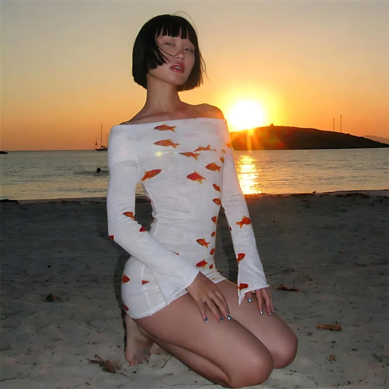 Koi Fish Printed Mesh Mini Dress Koi Fish Printed Mesh Mini Dress