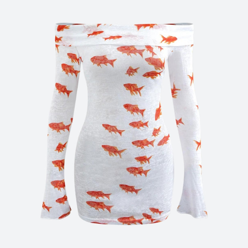 Koi Fish Printed Mesh Mini Dress Koi Fish Printed Mesh Mini Dress
