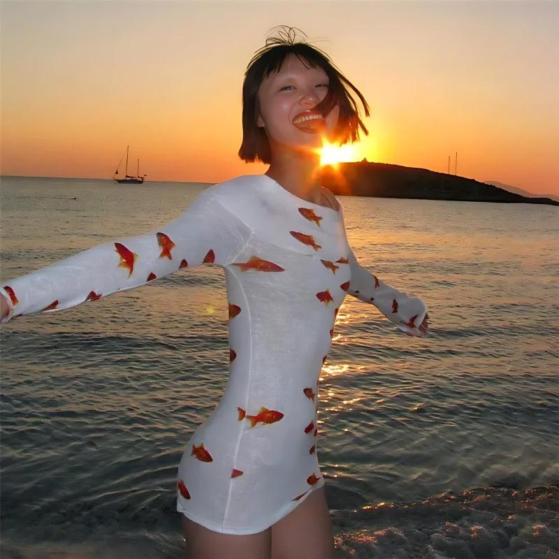 Koi Fish Printed Mesh Mini Dress Koi Fish Printed Mesh Mini Dress