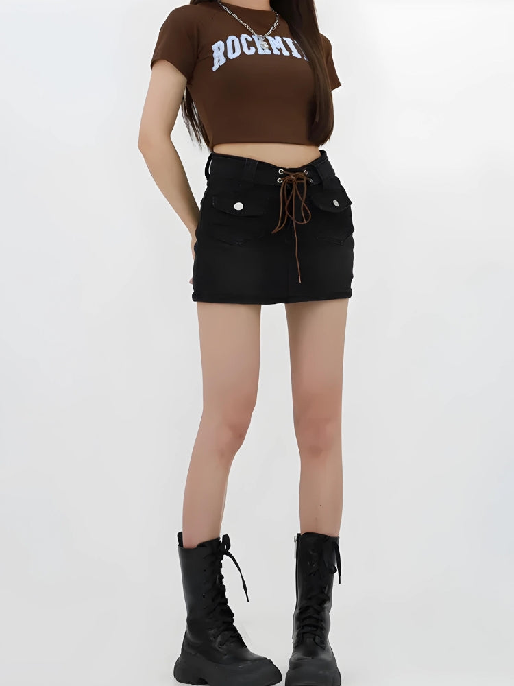 Lace Up Belted Denim Mini Skort Lace Up Belted Denim Mini Skort