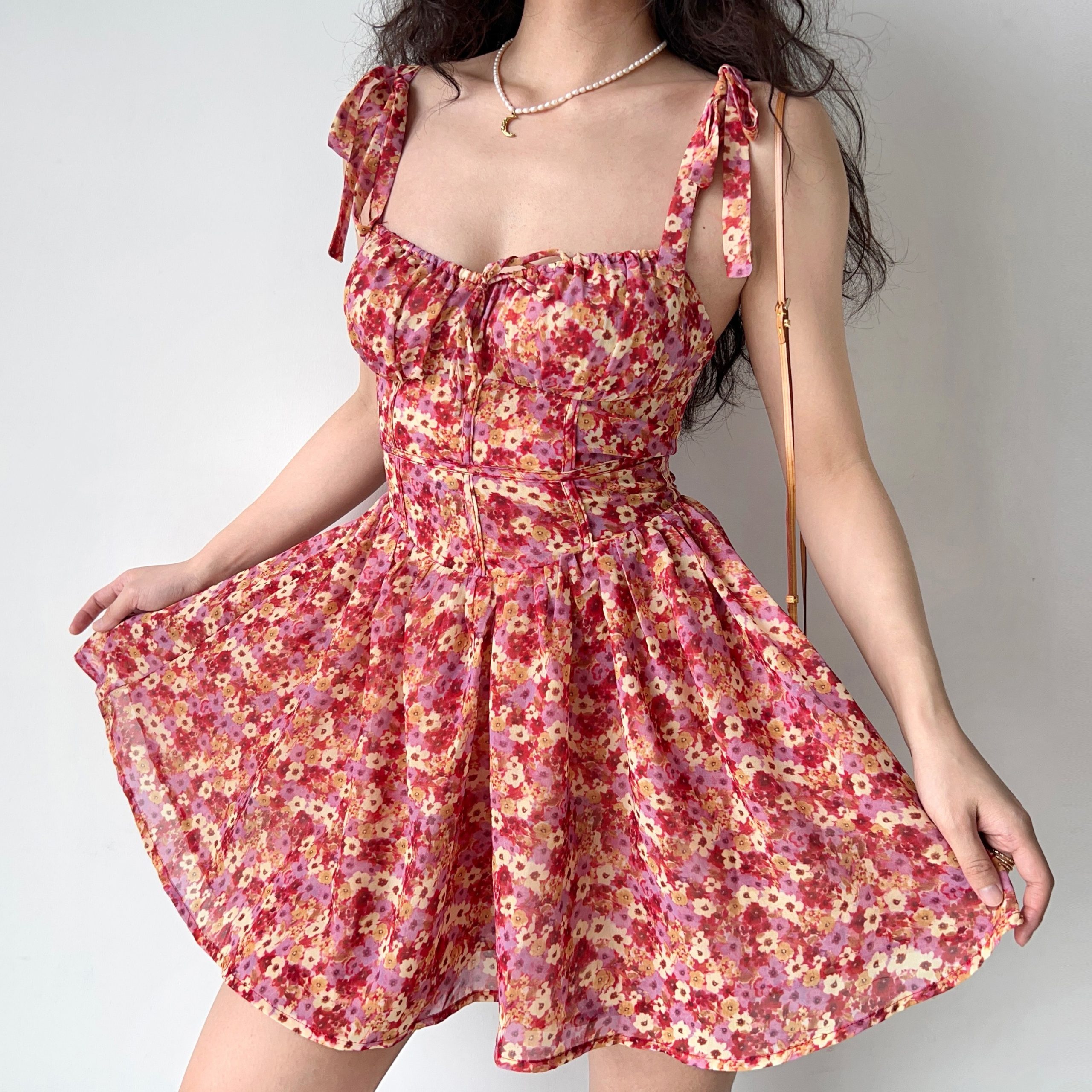 Lace-Up Floral Slip Dress for Women - Retro Country Style with Waist-Cinching A-Line Short Skirt - 90s Inspired Fashion