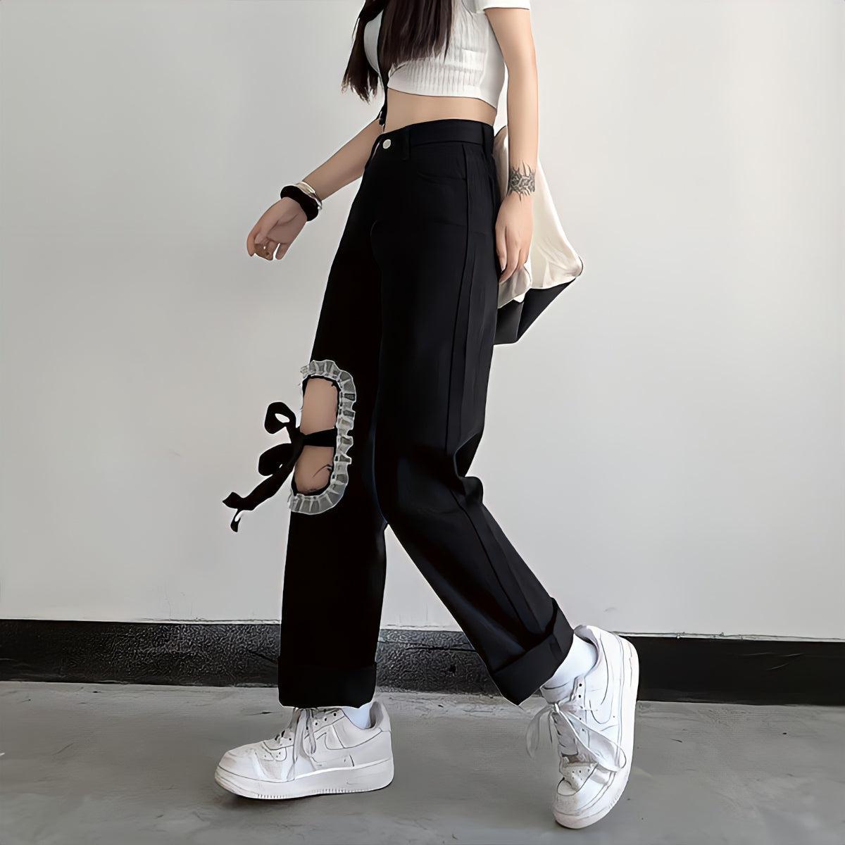 Lace Up Knee Washed Jeans Lace Up Knee Washed Jeans