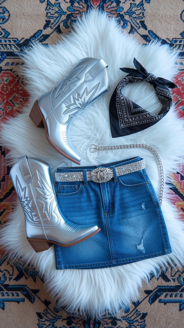 Shine Bright with Metallic Cowgirl Boots This Season outfit idea