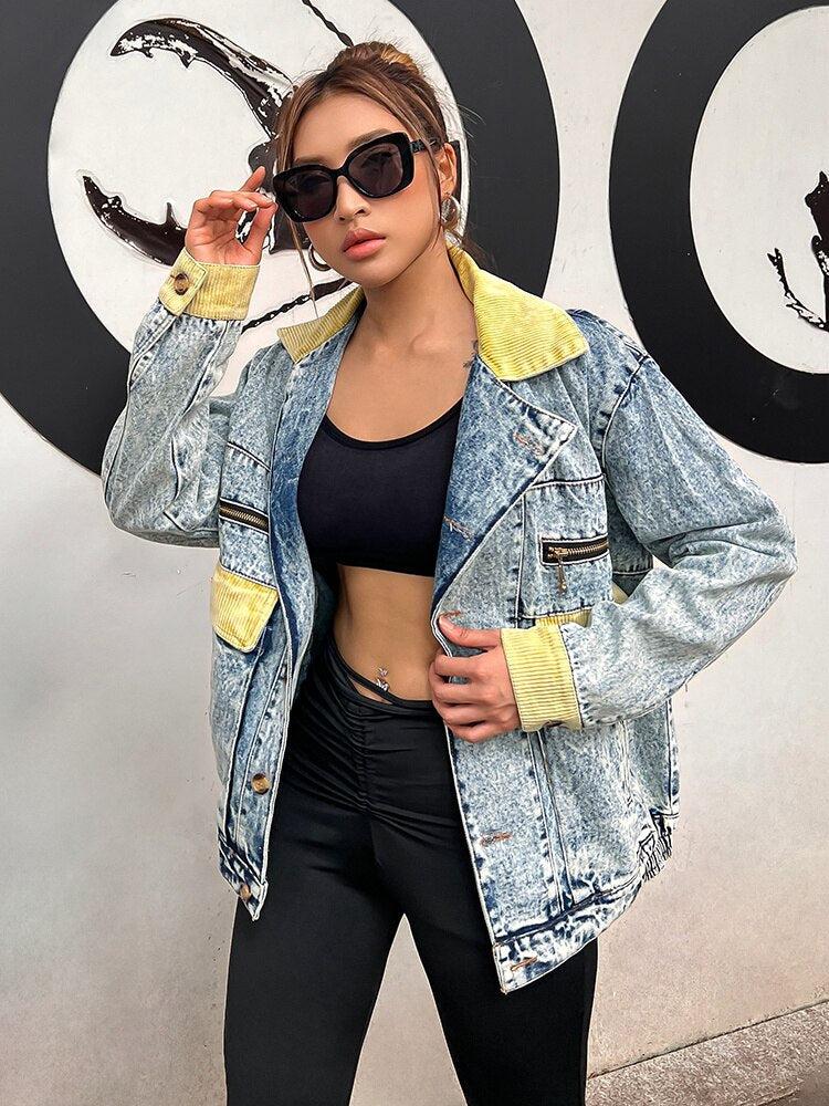 Mid Wash Patchwork Denim Jacket Mid Wash Patchwork Denim Jacket