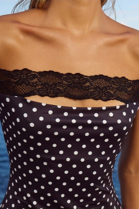 Off-Shoulder Lace Trim Polka Dot Bodycon Mini Dress Off-Shoulder Lace Trim Polka Dot Bodycon Mini Dress