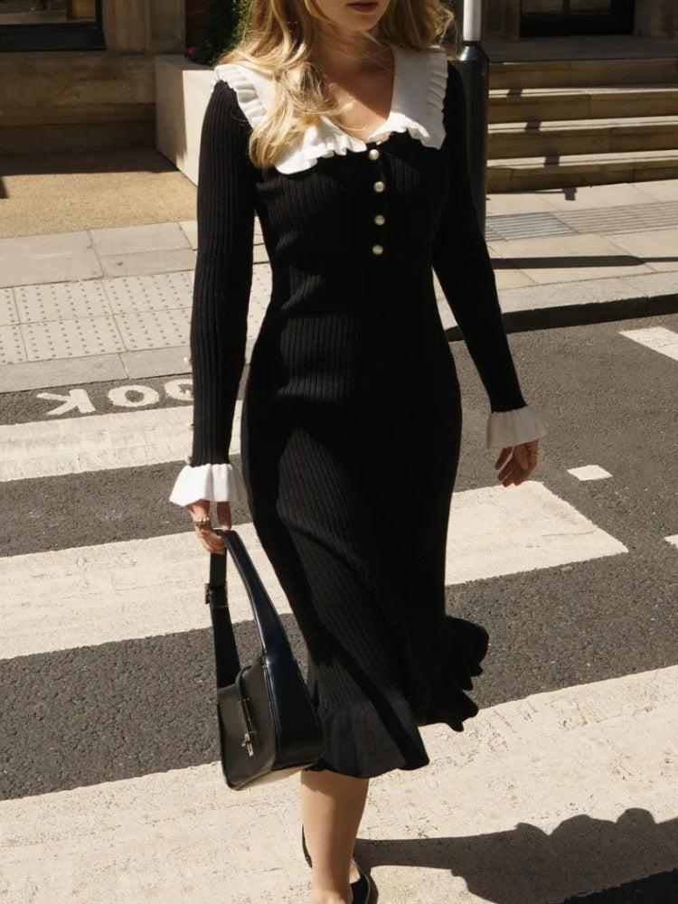 Peter Pan Collar Ribbed Midi Dress Peter Pan Collar Ribbed Midi Dress