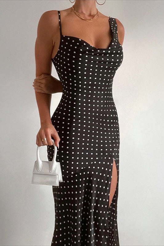 Polka Dot Cami V-Neck Backless Split Maxi Dress Polka Dot Cami V-Neck Backless Split Maxi Dress