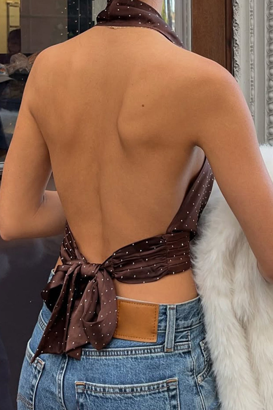 Polka Dot Color Block Backless Halter Crop Top Polka Dot Color Block Backless Halter Crop Top