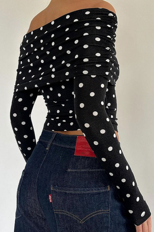 Polka Dot Color Block Off-Shoulder Crop Top Polka Dot Color Block Off-Shoulder Crop Top