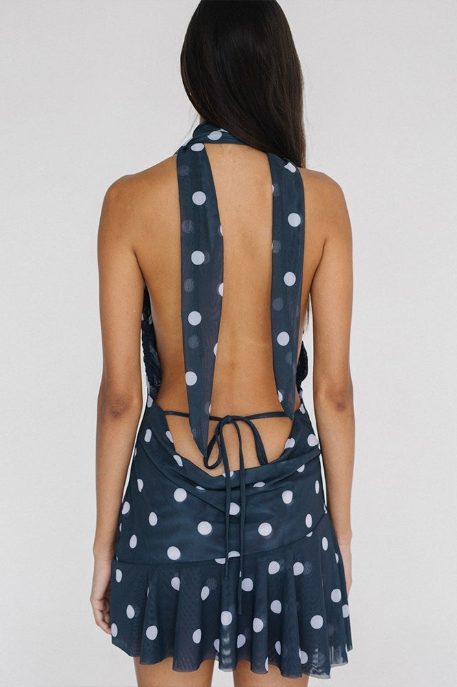 Polka Dot Halter Backless Mesh Mini Dress Polka Dot Halter Backless Mesh Mini Dress