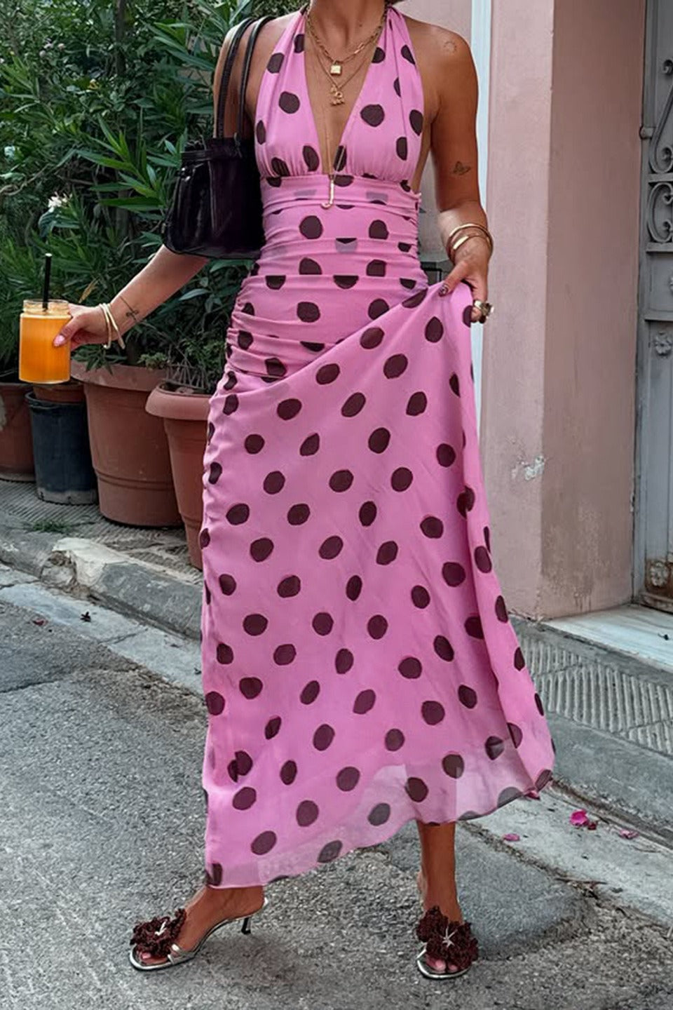 Polka Dot Halter V-Neck Color Block Bodycon Maxi Dress Polka Dot Halter V-Neck Color Block Bodycon Maxi Dress