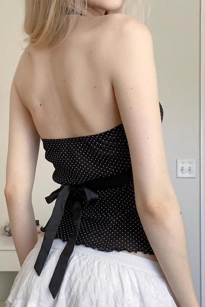 Polka Dot Satin Bow Tie Backless Halter Crop Top Polka Dot Satin Bow Tie Backless Halter Crop Top