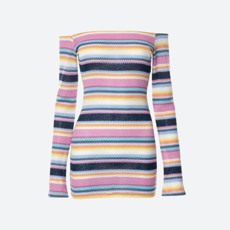 Rainbow Off Shoulder Knitted Mini Dress Rainbow Off Shoulder Knitted Mini Dress