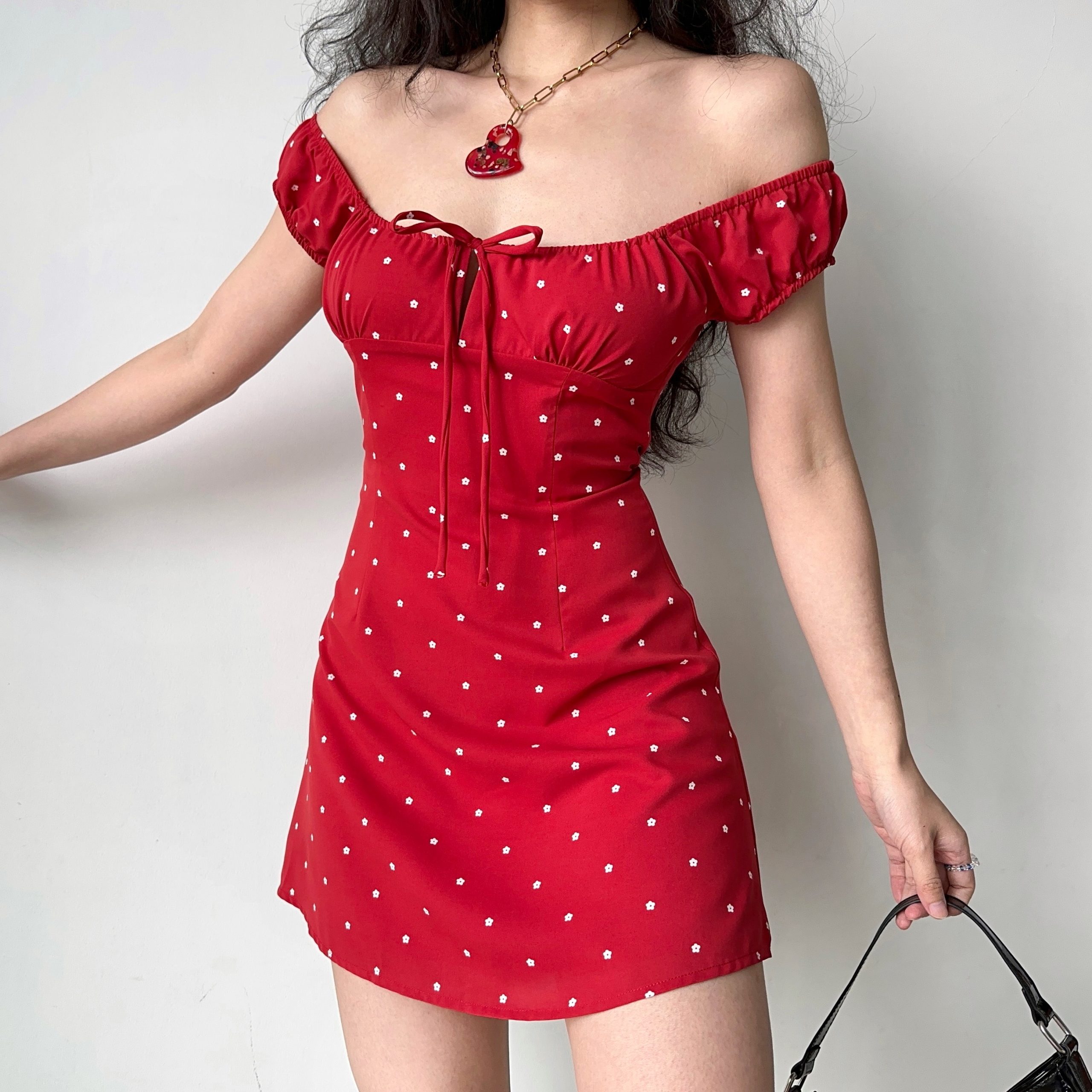 Red Floral Polka Dot Front Tie A-Line Dress - Slim Fit Short Skirt for Hot Girl Style, Inspired by European and American Fashion Red Floral Polka Dot Front Tie A-Line Dress - Slim Fit Short Skirt for Hot Girl Style, Inspired by European and American Fashion