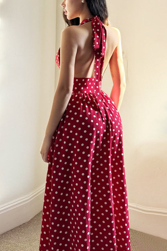 Red Polka Dot V-Neck Halter Backless Maxi Dress Red Polka Dot V-Neck Halter Backless Maxi Dress