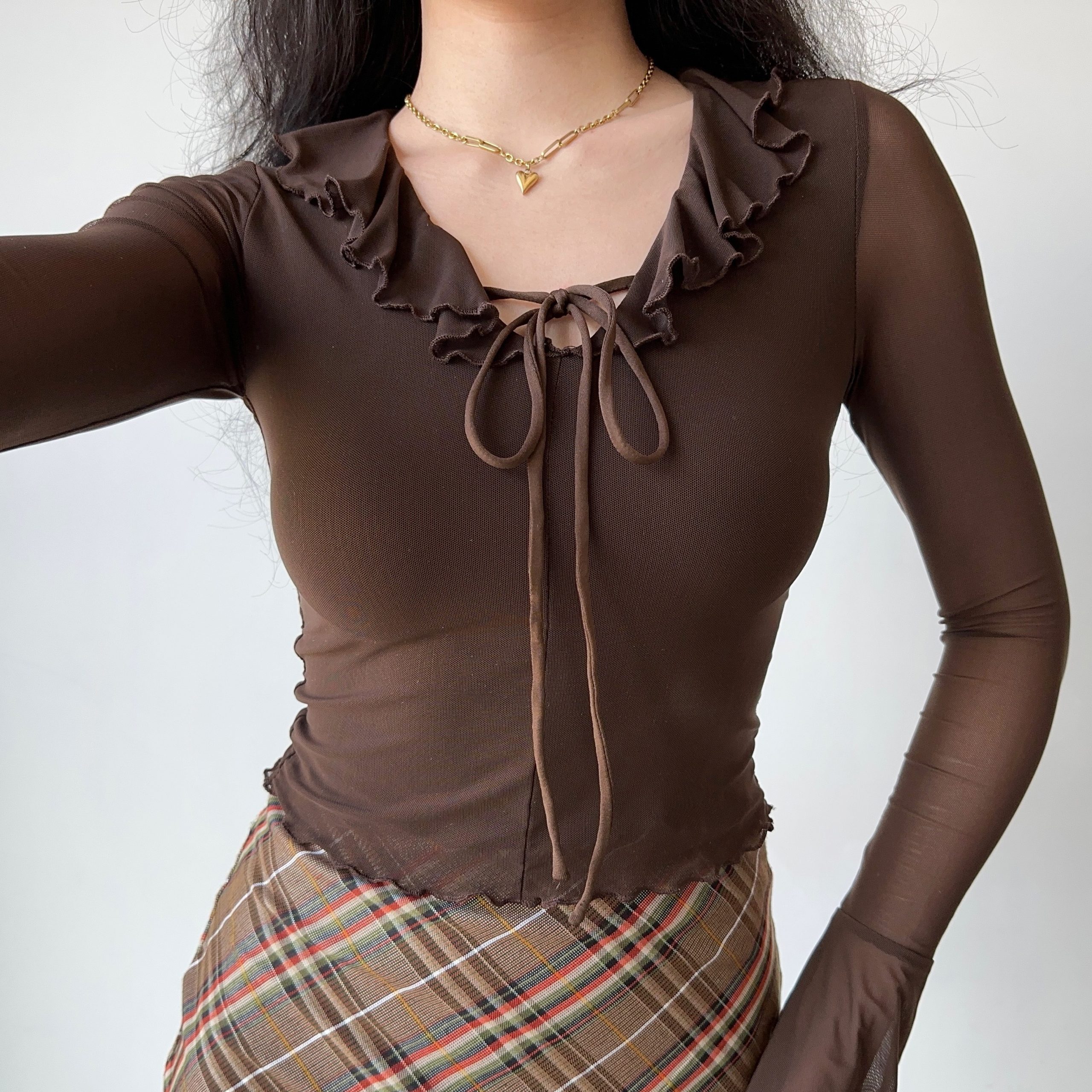 Ruffled Lace-Up Sheer Long Sleeve T-Shirt for Women – European American Style Slim Fit Top, Perfect for Y2K and Casual Chic Looks Ruffled Lace-Up Sheer Long Sleeve T-Shirt for Women – European American Style Slim Fit Top, Perfect for Y2K and Casual Chic Looks