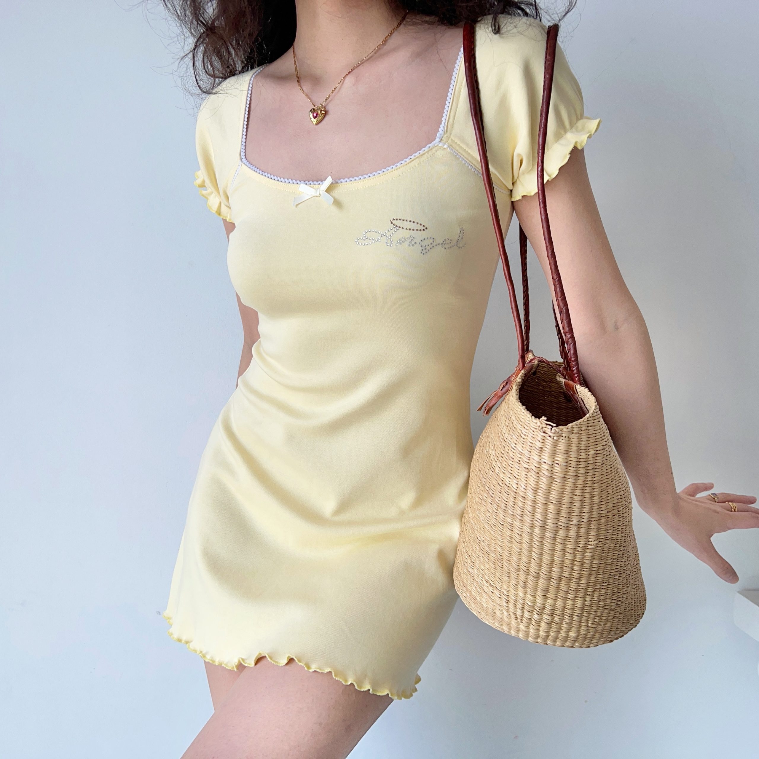 Ruffled Square Neck Dress with Rhinestones - Women's A-Line Short Sleeve Style in European and American Fashion Ruffled Square Neck Dress with Rhinestones - Women's A-Line Short Sleeve Style in European and American Fashion