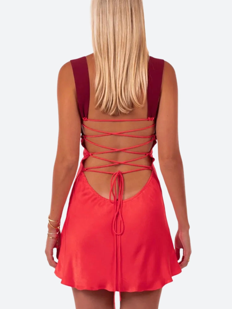 Satin Lace Up Backless Mini Dress Satin Lace Up Backless Mini Dress