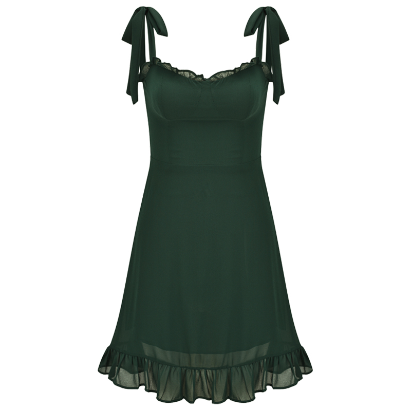 Sexy Green Shoulder Tie Ruffled Edge Waist-Cinching Short A-Line Dress - Flirty 90s Inspired Style