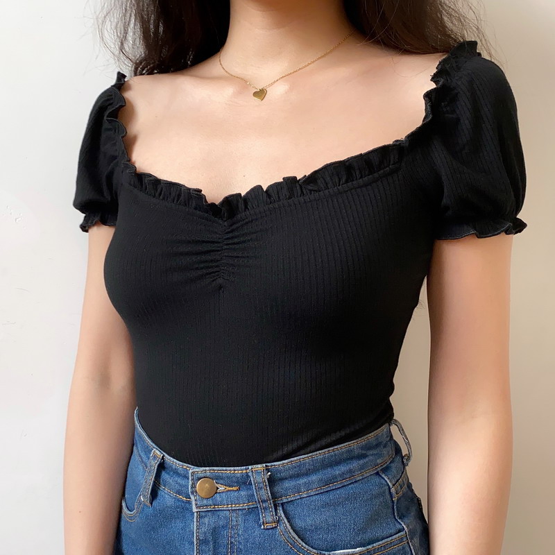Sexy One-Shoulder Ruffled Puff Sleeve T-Shirt for Women - European & American Style Short Top, Trendy 90s Inspired Fashion Sexy One-Shoulder Ruffled Puff Sleeve T-Shirt for Women - European & American Style Short Top, Trendy 90s Inspired Fashion