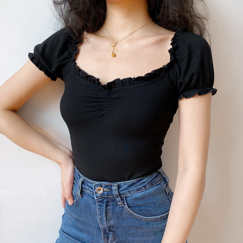 Sexy One-Shoulder Ruffled Puff Sleeve T-Shirt for Women - European & American Style Short Top, Trendy 90s Inspired Fashion Sexy One-Shoulder Ruffled Puff Sleeve T-Shirt for Women - European & American Style Short Top, Trendy 90s Inspired Fashion
