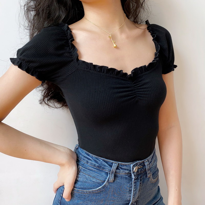 Sexy One-Shoulder Ruffled Puff Sleeve T-Shirt for Women - European & American Style Short Top, Trendy 90s Inspired Fashion Sexy One-Shoulder Ruffled Puff Sleeve T-Shirt for Women - European & American Style Short Top, Trendy 90s Inspired Fashion