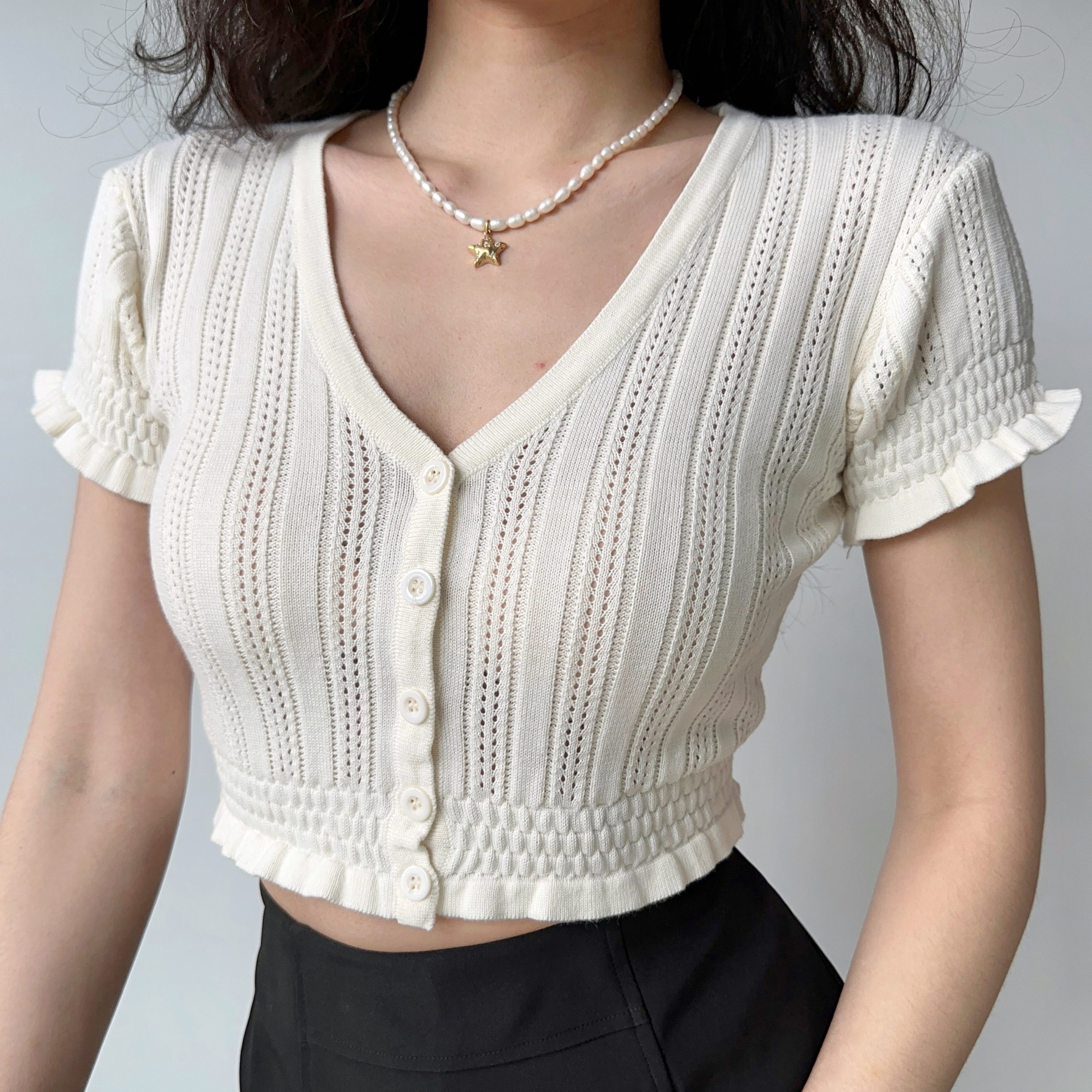 Sexy Slim-Fit V-Neck Hollow-Out Puff Sleeve Ruffled Cropped Knitted Cardigan - European American Style Women's Top
