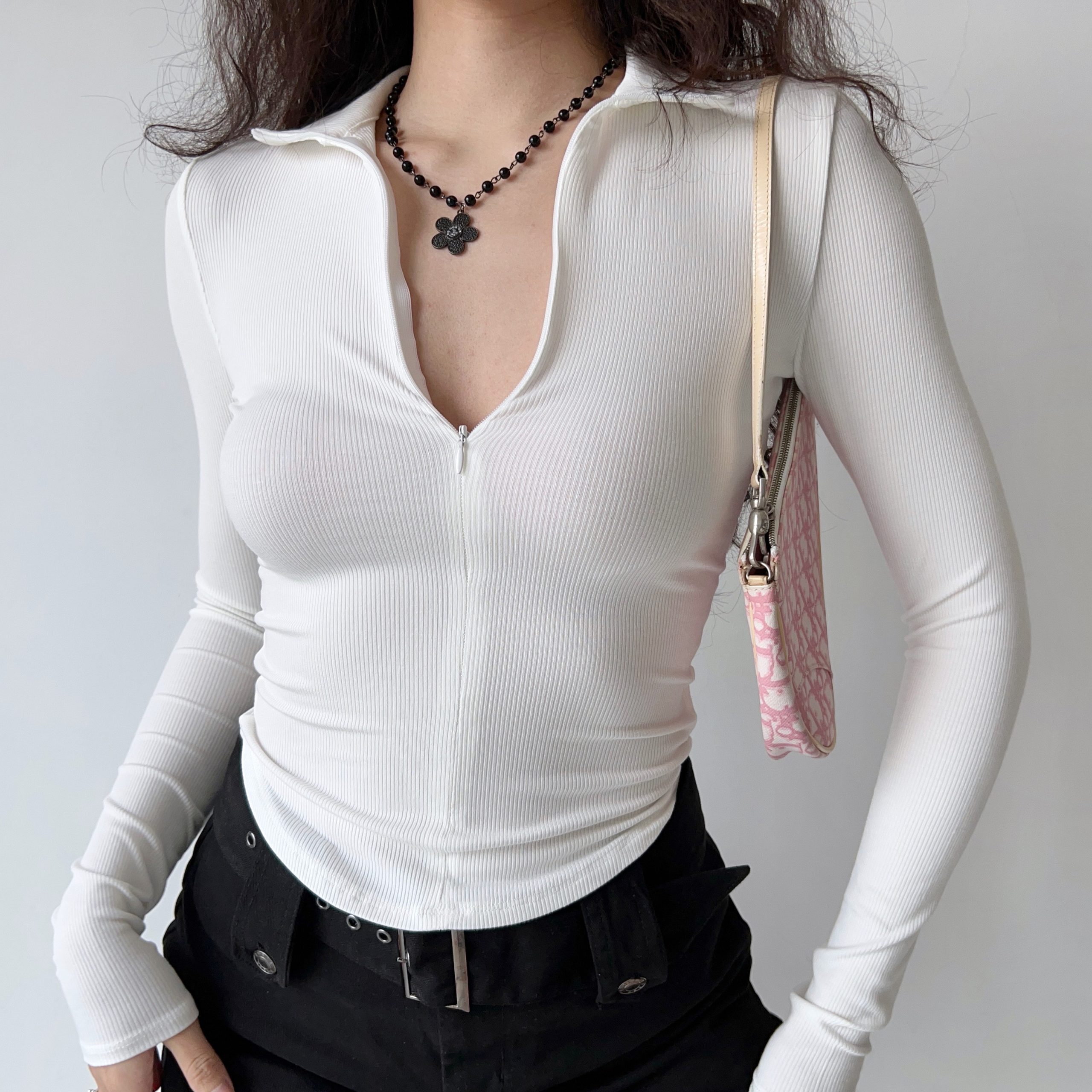 Slim Fit Long Sleeve Polo T-Shirt for Women - Half-Open Collar, Sexy Base Layer, European & American Style, Y2K Fashion Outerwear