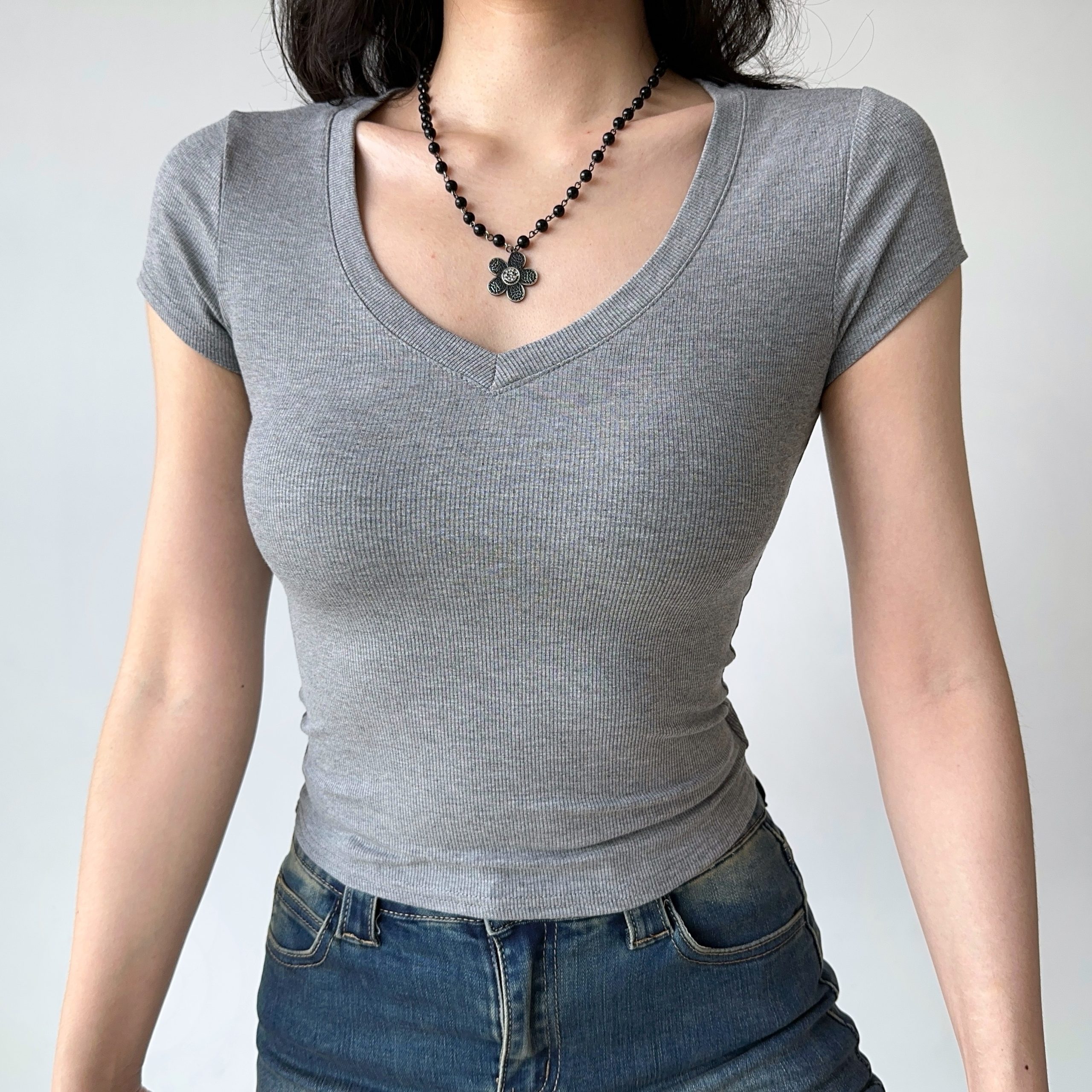 Slim Fit Ribbed V-Neck Short Sleeve T-Shirt for Women - Basic Summer Top, Casual Style, Essential Wardrobe Staple Slim Fit Ribbed V-Neck Short Sleeve T-Shirt for Women - Basic Summer Top, Casual Style, Essential Wardrobe Staple