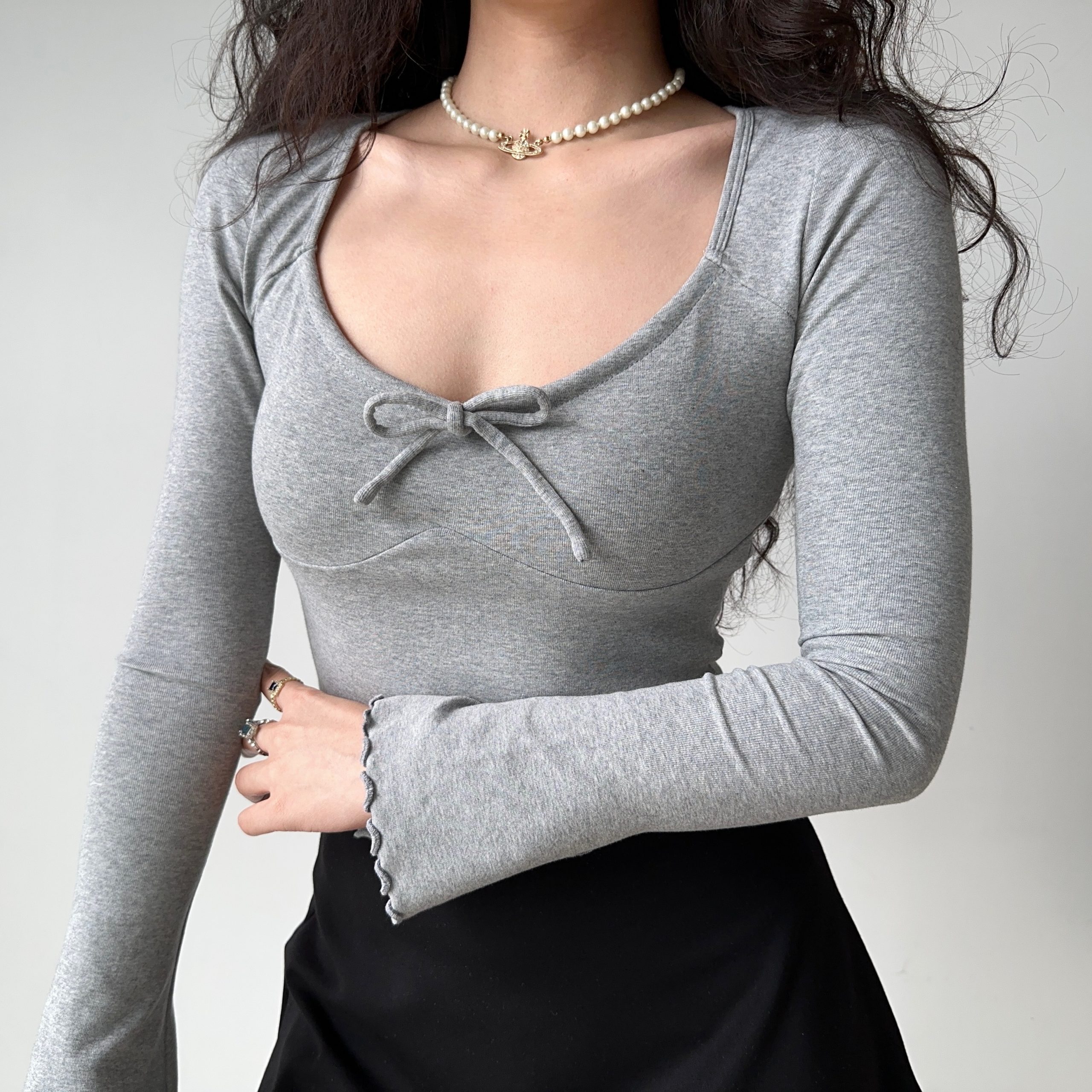 Slim Fit U-Neck Long Sleeve Ballet Style T-Shirt for Women - European & American Fashion, Flared Sleeves, Trendy Y2K Design Slim Fit U-Neck Long Sleeve Ballet Style T-Shirt for Women - European & American Fashion, Flared Sleeves, Trendy Y2K Design