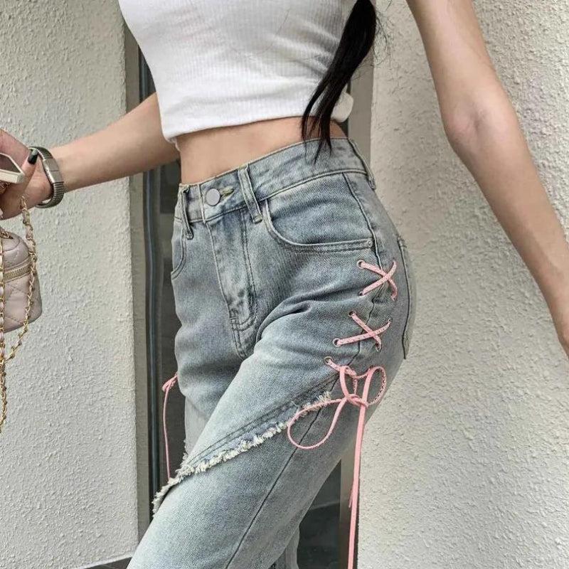 Soft Girl Lace Up Slit Flare Jeans Soft Girl Lace Up Slit Flare Jeans