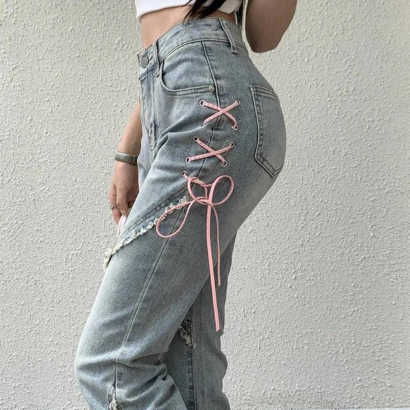 Soft Girl Lace Up Slit Flare Jeans Soft Girl Lace Up Slit Flare Jeans