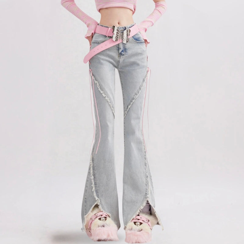 Soft Girl Lace Up Slit Flare Jeans Soft Girl Lace Up Slit Flare Jeans