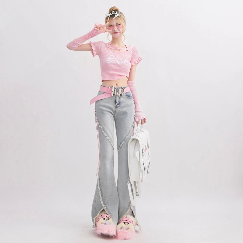 Soft Girl Lace Up Slit Flare Jeans Soft Girl Lace Up Slit Flare Jeans