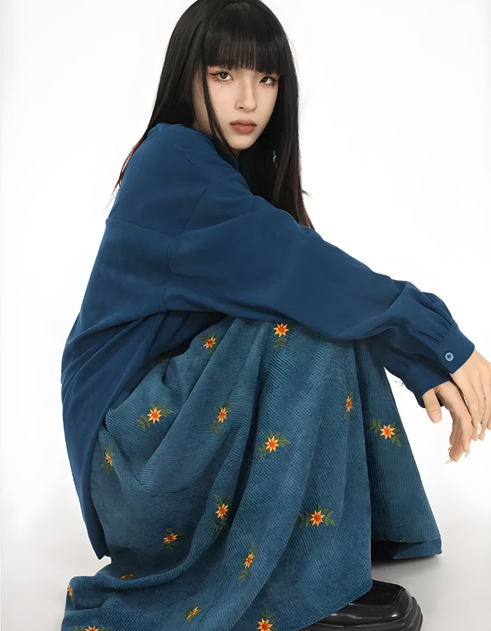Sunflower Embroidered Corduroy Maxi Skirt Sunflower Embroidered Corduroy Maxi Skirt