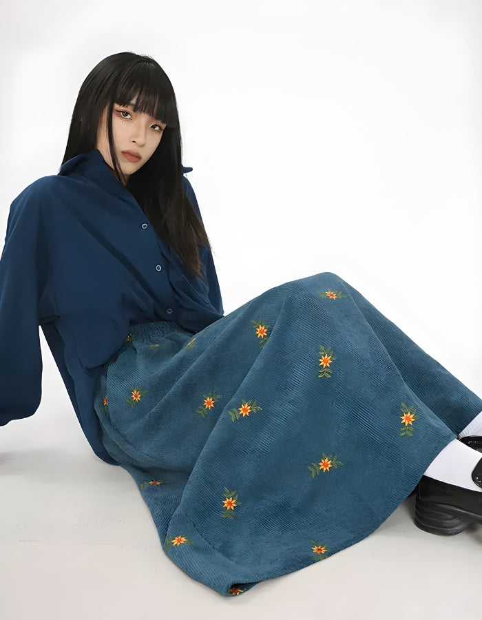 Sunflower Embroidered Corduroy Maxi Skirt Sunflower Embroidered Corduroy Maxi Skirt