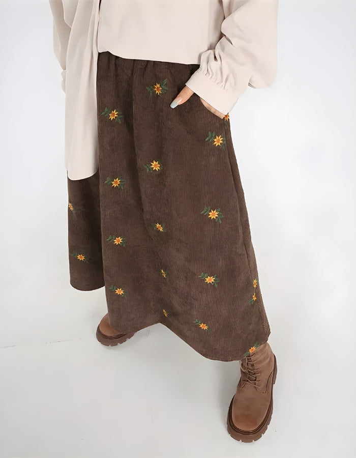 Sunflower Embroidered Corduroy Maxi Skirt Sunflower Embroidered Corduroy Maxi Skirt