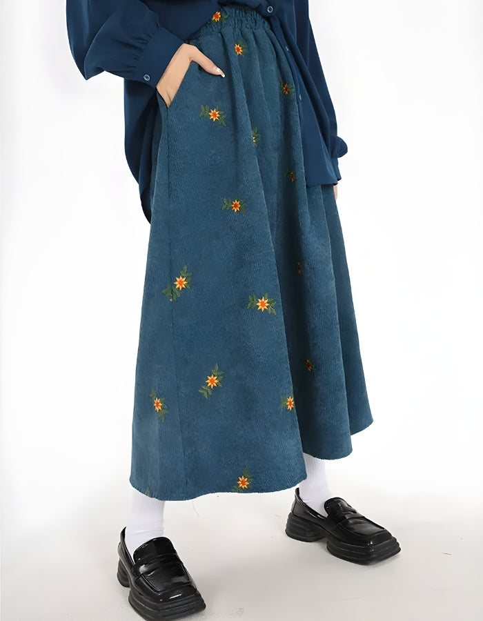 Sunflower Embroidered Corduroy Maxi Skirt Sunflower Embroidered Corduroy Maxi Skirt