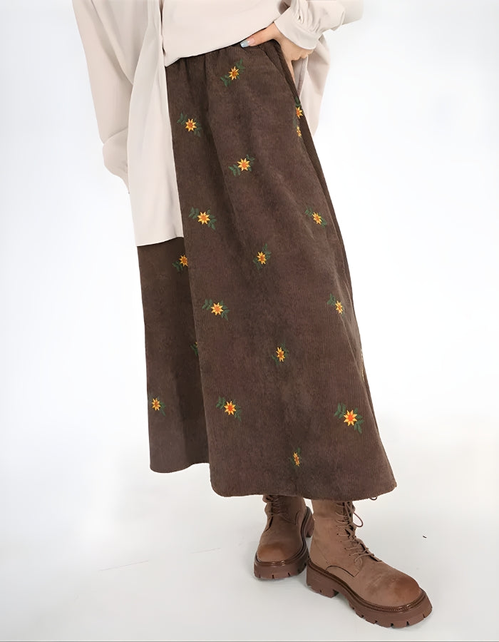 Sunflower Embroidered Corduroy Maxi Skirt Sunflower Embroidered Corduroy Maxi Skirt