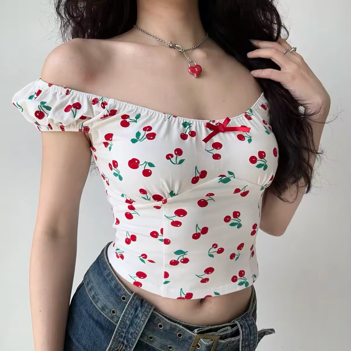 Sweet and Spicy Cherry Print Off-Shoulder Short Sleeve T-Shirt for Women - Summer Slim Fit European & American Style Top Sweet and Spicy Cherry Print Off-Shoulder Short Sleeve T-Shirt for Women - Summer Slim Fit European & American Style Top
