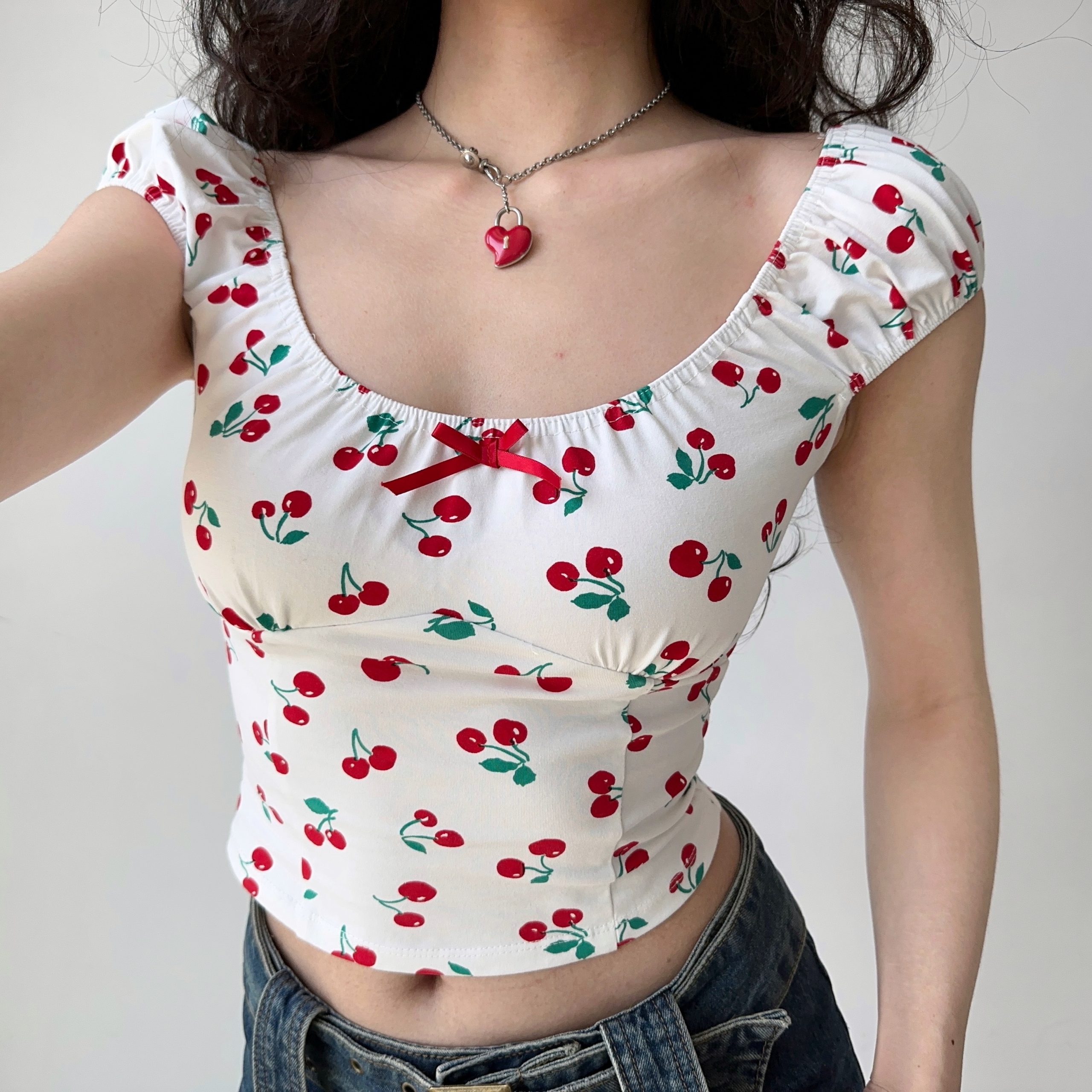 Sweet and Spicy Cherry Print Off-Shoulder Short Sleeve T-Shirt for Women - Summer Slim Fit European & American Style Top Sweet and Spicy Cherry Print Off-Shoulder Short Sleeve T-Shirt for Women - Summer Slim Fit European & American Style Top
