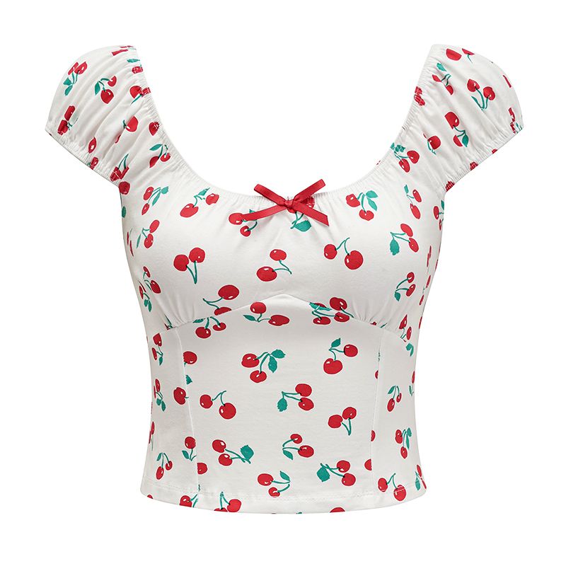 Sweet and Spicy Cherry Print Off-Shoulder Short Sleeve T-Shirt for Women - Summer Slim Fit European & American Style Top Sweet and Spicy Cherry Print Off-Shoulder Short Sleeve T-Shirt for Women - Summer Slim Fit European & American Style Top