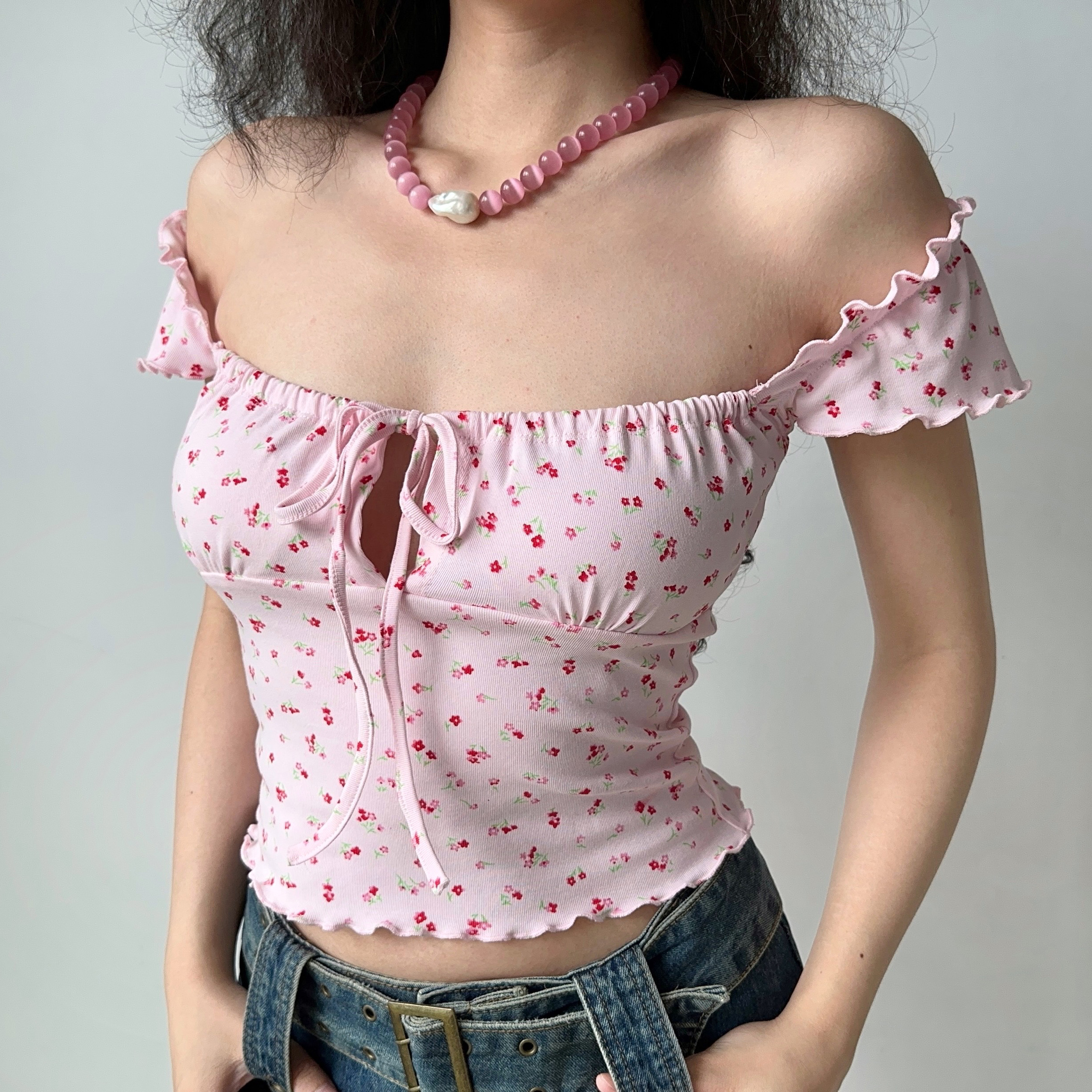 Sweet Pink Floral Square Neck Short Sleeve T-Shirt for Women - Slim Fit Y2K European American Style Summer Top