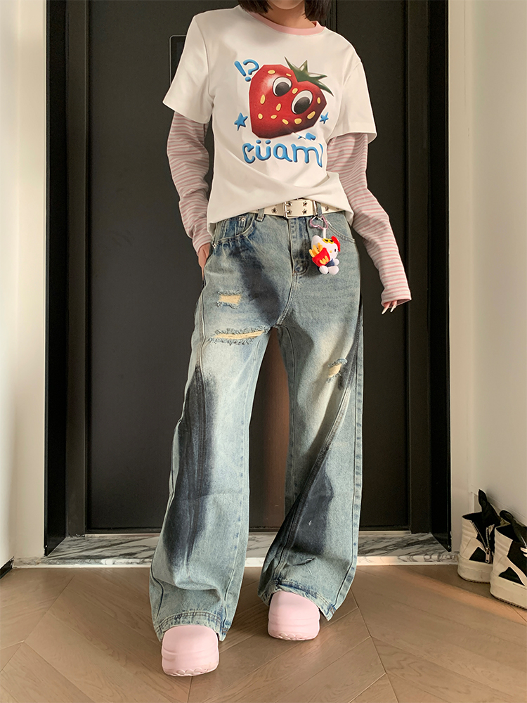 Unisex American Retro Graffiti Distressed Ripped Jeans - Loose Straight High Street Style Long Pants