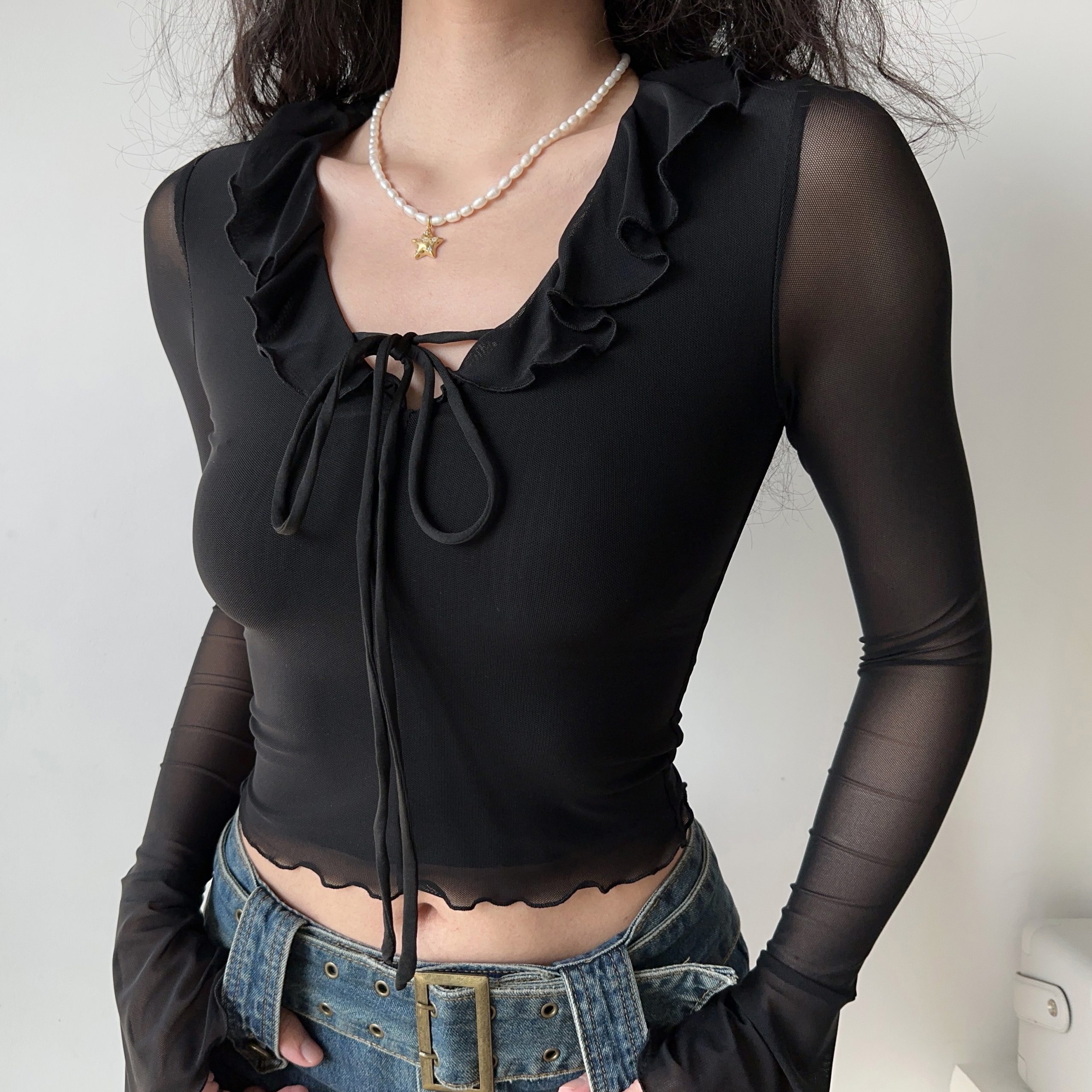 V-neck Ruffled Tie Black Mesh Long Sleeve T-shirt for Women - European American Style, Slim Fit, Trendy Y2K Fashion Top
