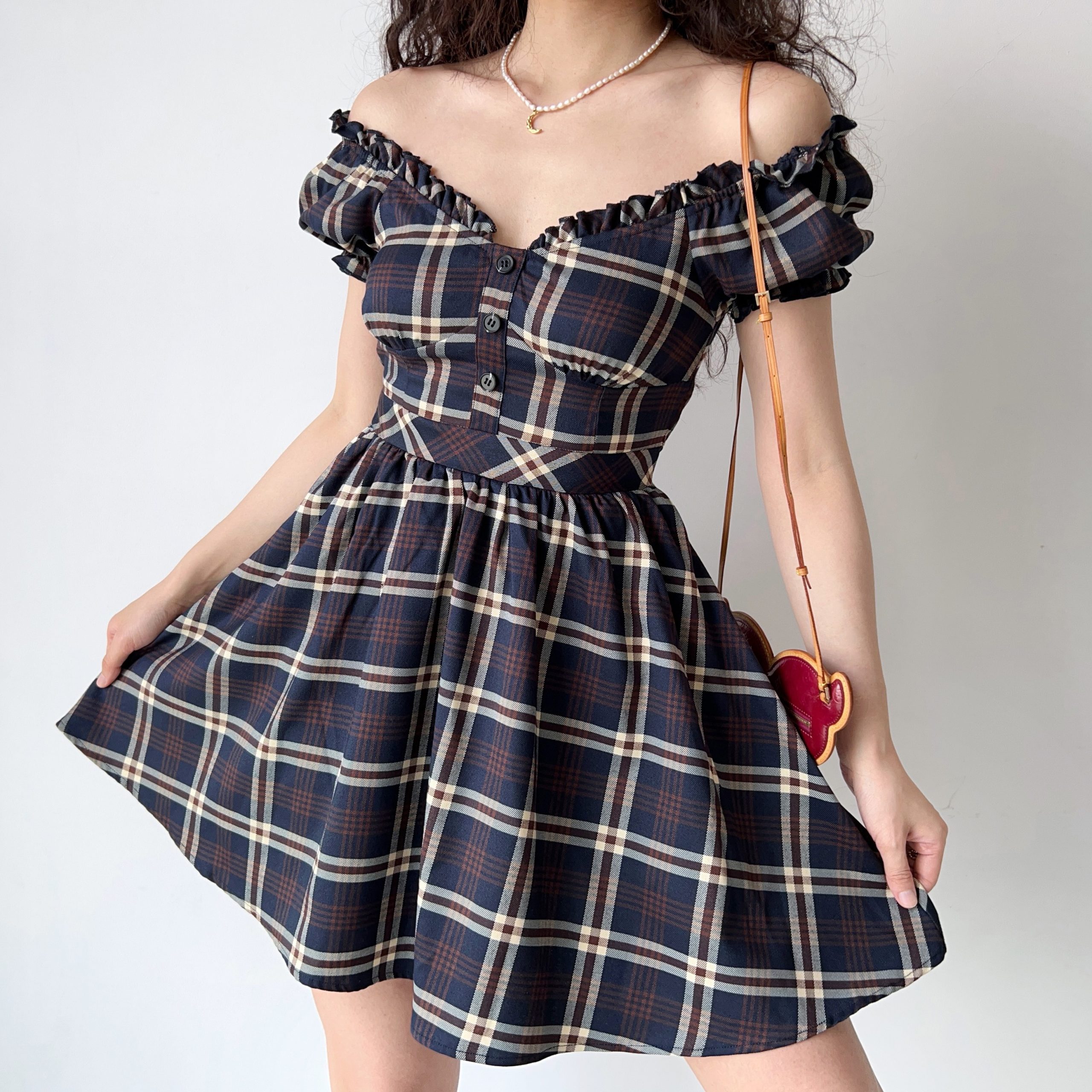 Vintage-Inspired Handmade Plaid V-Neck Puff Sleeve Dress for Women | A-Line Flare Skirt | Chic 90s French Style