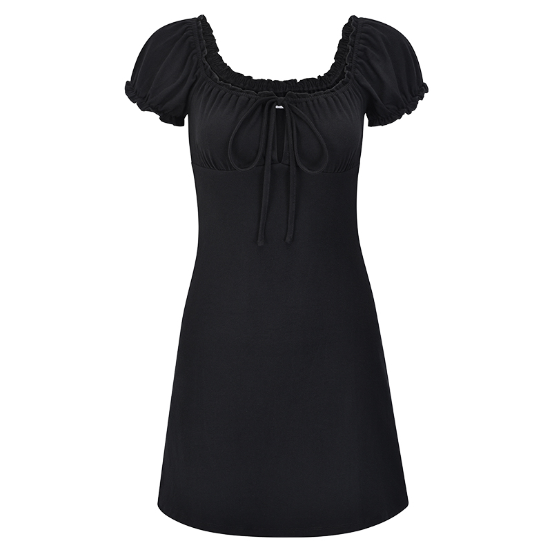 Vintage-Inspired Hollow Lace-Up Puff Sleeve Black A-Line Dress for Women - Short Skirt, Perfect for Y2K and 90s Styles Vintage-Inspired Hollow Lace-Up Puff Sleeve Black A-Line Dress for Women - Short Skirt, Perfect for Y2K and 90s Styles